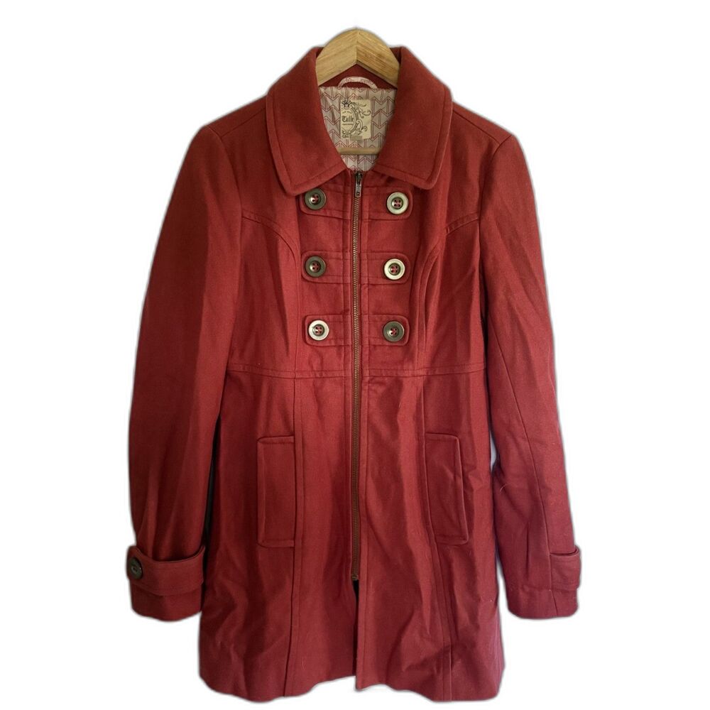 Anthropology Tulle Wool Coat Womens L Red Military Button Zip Jacket
